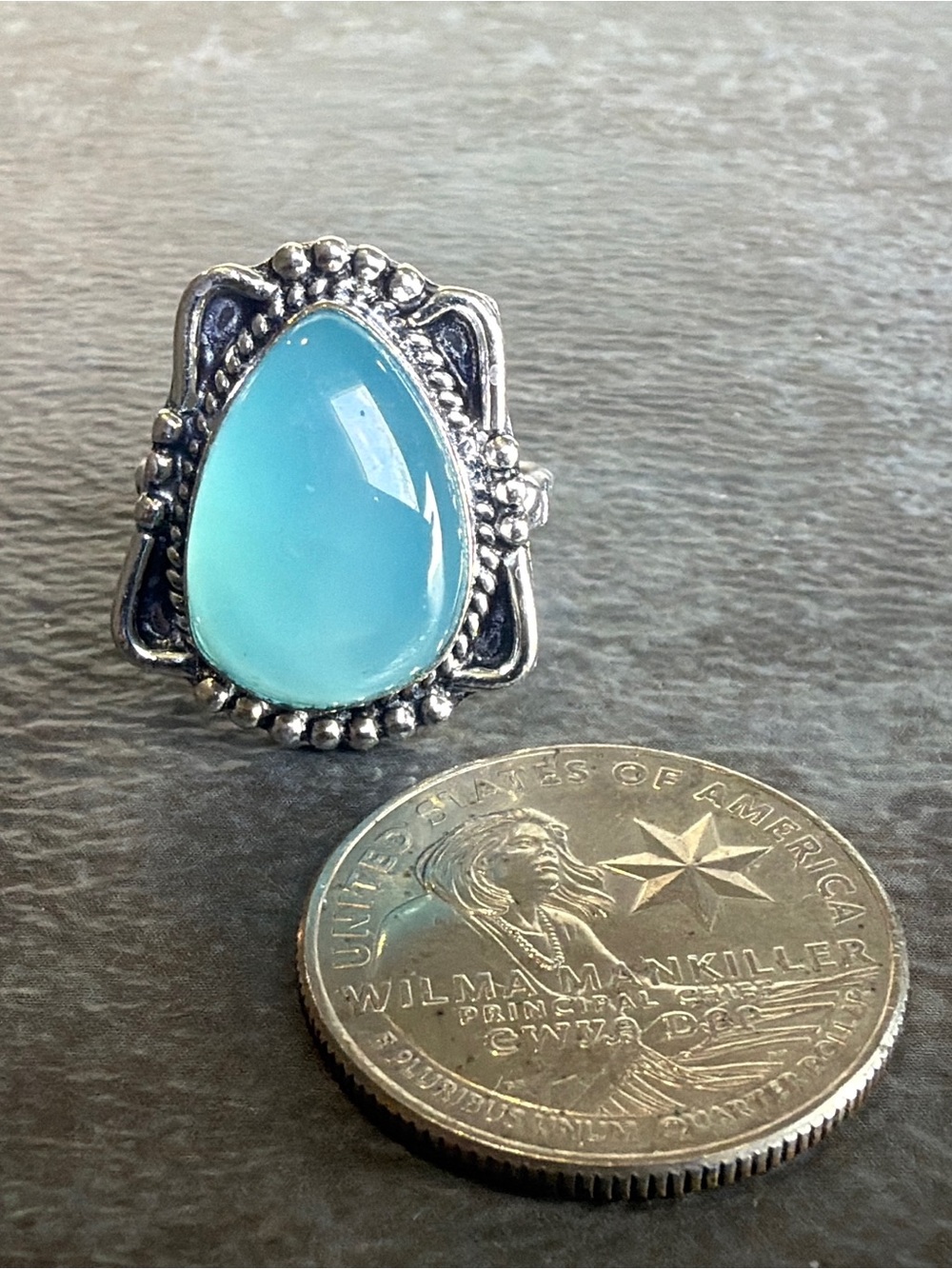 Boho Vintage Silver 925 Ring Size 7.5 Women Jewelry Blue Chalcedony Gemstone - Picture 2 of 4